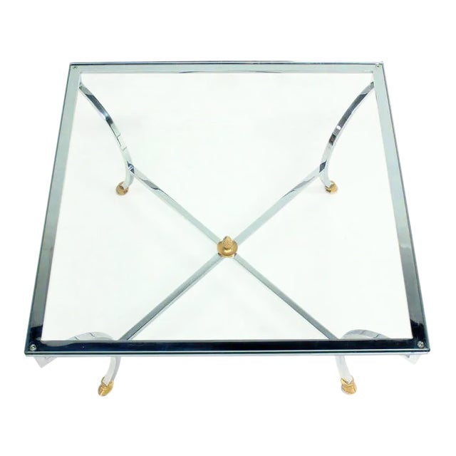 Mid-Century Modern Hoof Brass Feet Chrome and 3/4" Glass Square Coffee Table For Sale - Image 11 of 11