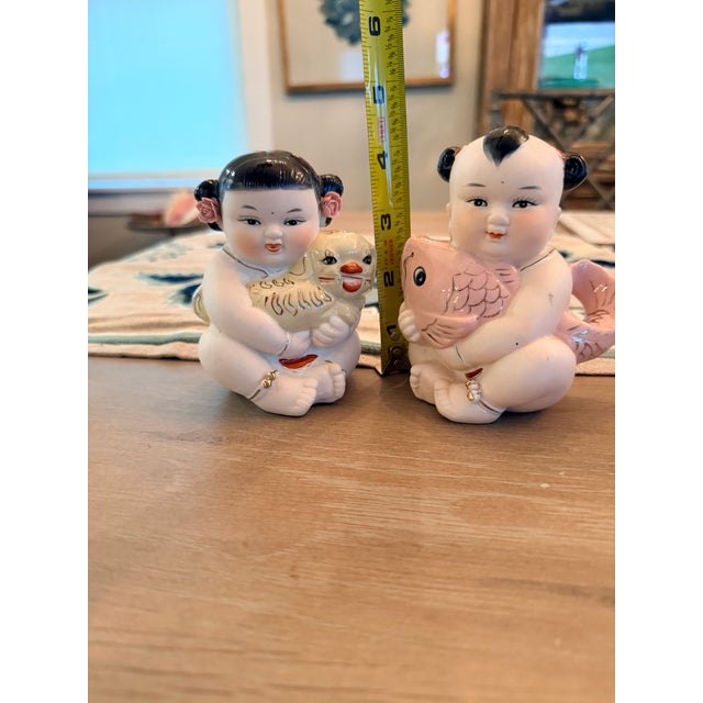 Alabaster Vintage Chinese Porcelain Figurines of Baby Boy and Baby Girl For Sale - Image 8 of 11