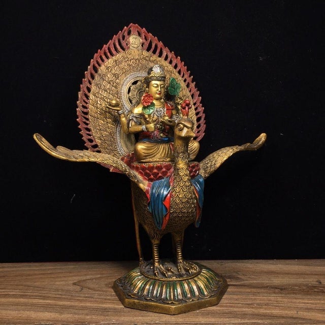 Traditional Vintage Gilt Bronze Sculpture of Mahamayuri Peacock King With Removable Deity Figure For Sale - Image 3 of 9