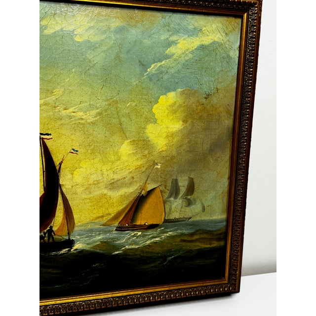 Traditional Nautical Georgian Seascape Oil Painting French Fishing Boat Heading Out Brisk Winds For Sale - Image 3 of 11
