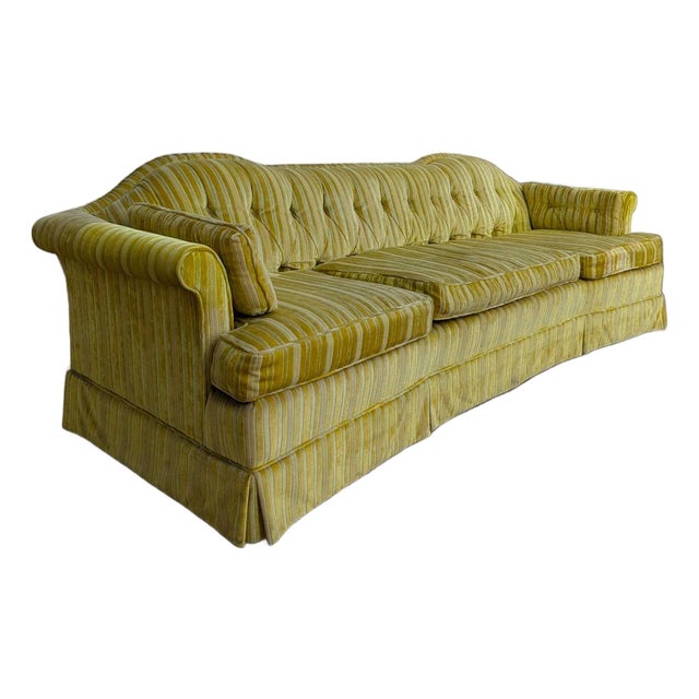 Vintage 96” Tufted Striped Sofa – Mid-Century Curved Back Couch, Cleaned + New Foam Included, Unique Hollywood Regenc... For Sale