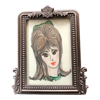 Mid 20th Century Portrait of a Woman Color Pencil Drawing, Framed For Sale