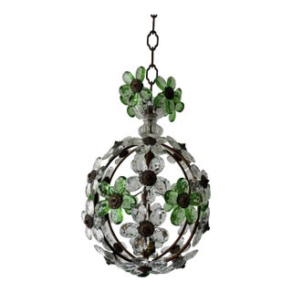 French Green Flower Ball Crystal Prisms Maison Baguès Style Chandelier, 1920s For Sale