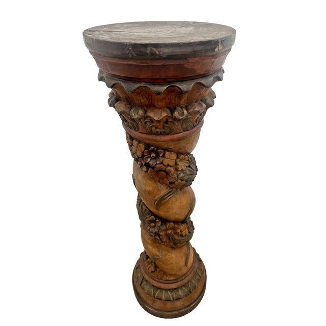 Antique Italian style Column made from a single piece of thick Hand carved wood with Twisted Floral theme, 36" Tall X 12"...