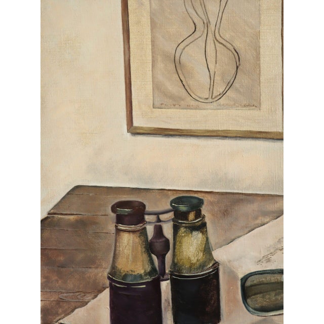 1974 Modernist 'Still Life With Binoculars' Vintage Original Interior Oil Painting, Framed For Sale - Image 9 of 11