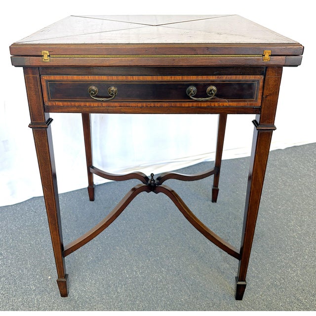 Campaign 1930's Hand Made Mahogany Folding Handkerchief Game Table With Felt Top For Sale - Image 3 of 18