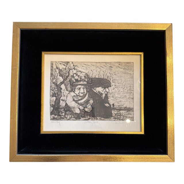 1970s Charles Bragg "Victory Party" Artist Proof Signed Etching Professionaly Framed For Sale