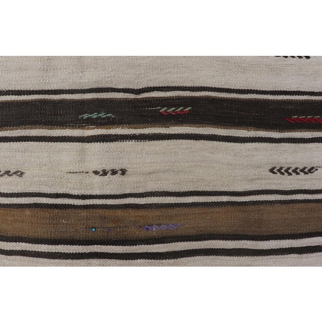 Vintage Turkish Kilim Rug With Ivory, Brown, Olive and Red Stripes For Sale - Image 4 of 11