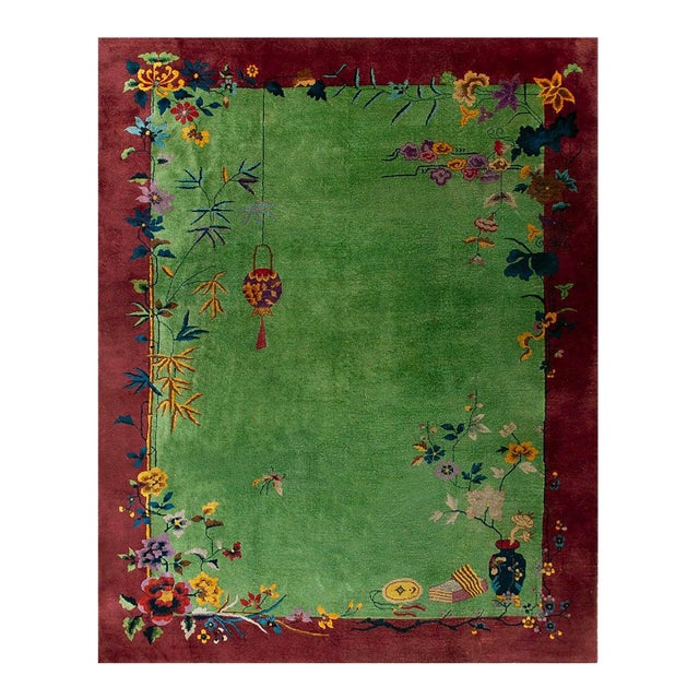 1920s Green Floral Modern Antique Chinese Art Deco Carpet 9' X 11'6" Handknotted Wool Rug For Sale