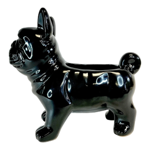 1980s Majolica Trompe L’Oeil Hollywood Regency French Bulldog Planter.