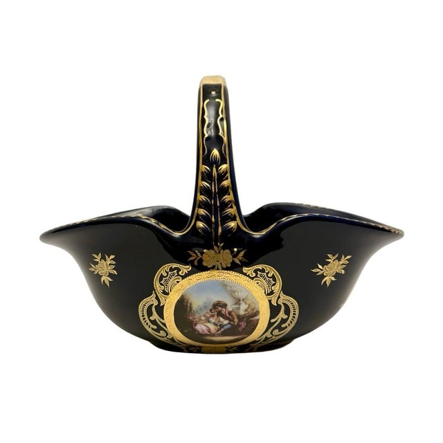 Vintage Gilded Cobalt Blue Large Porcelain Basket Courting Couple Motif France. For Sale - Image 4 of 9