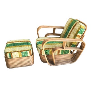 Paul Frankl Style Square Pretzel Rattan Lounge Chair & Ottoman For Sale