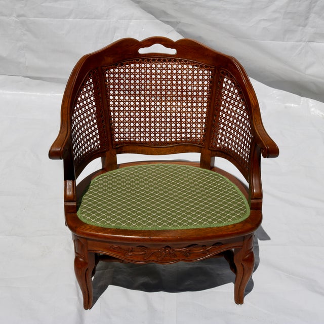 Mid 20th Century Mid 20th Century Carved French Country Cane Barrel Armchairs With Green Cushions-Set of 4 For Sale - Image 5 of 16