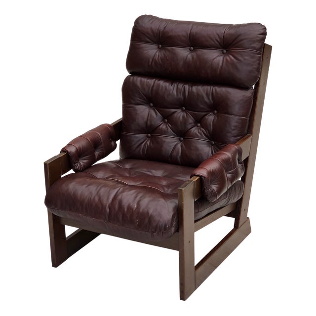 Vintage Scandinavian Highback Chair in Leather and Dark Beech, 1970s For Sale