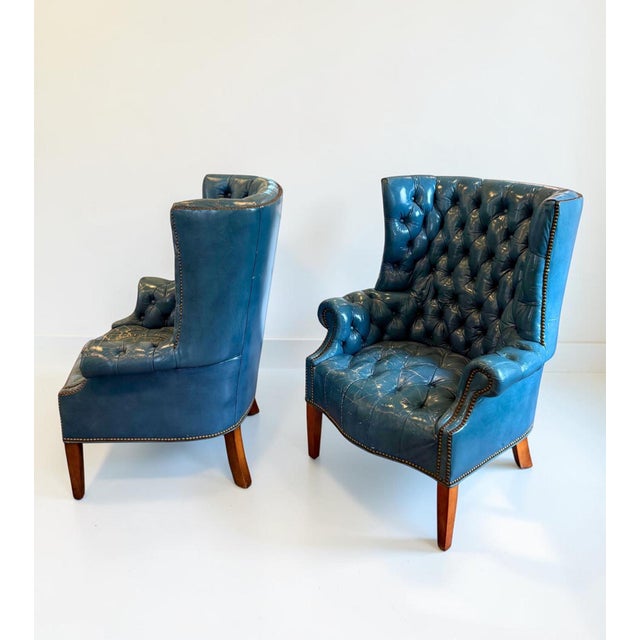 Mid Century Tufted Leather Wingback Chairs, Pair For Sale - Image 4 of 8