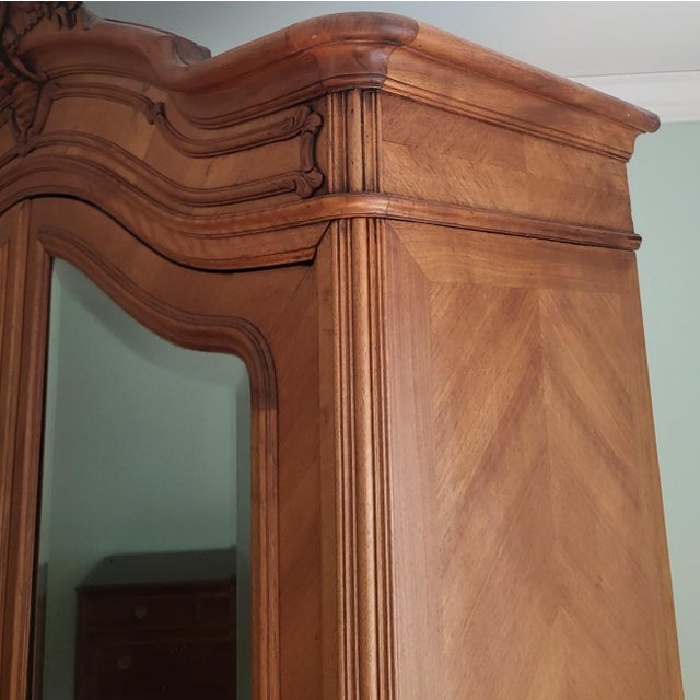 Antique French Louis XV Style Carved Walnut Double Mirror Door Armoire Wardrobe For Sale - Image 12 of 18