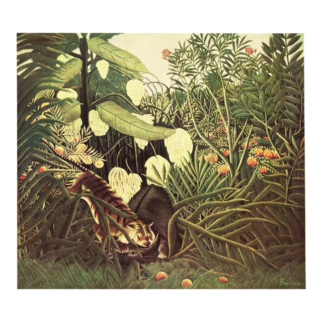 A lovely vintage photogravure, full-color print, after the painting "Tigre Attaquant Un Buffle" (Fight Between a Tiger and...