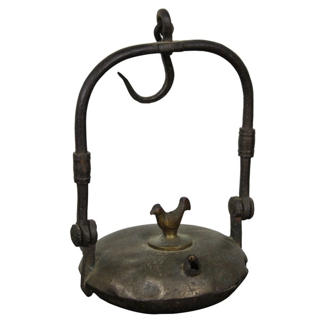 Antique early 18th century French miner’s whale oil lantern, decorated with a brass rooster and iron handle/hook.