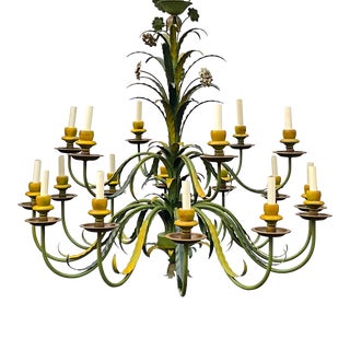 Monumental Hollywood Regency Italian Tole Metal Palm Frond & Flowers Chandelier - 18 Arms For Sale
