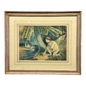 Antique English Hand Colored Print Boy Fishing, Framed