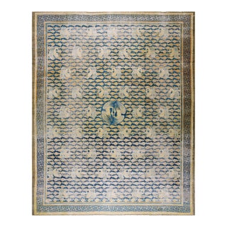 1900s Blue Navy Geometric Birds Chinese Rug 11'6'' X 14'6'' Handknotted Wool Carpet For Sale