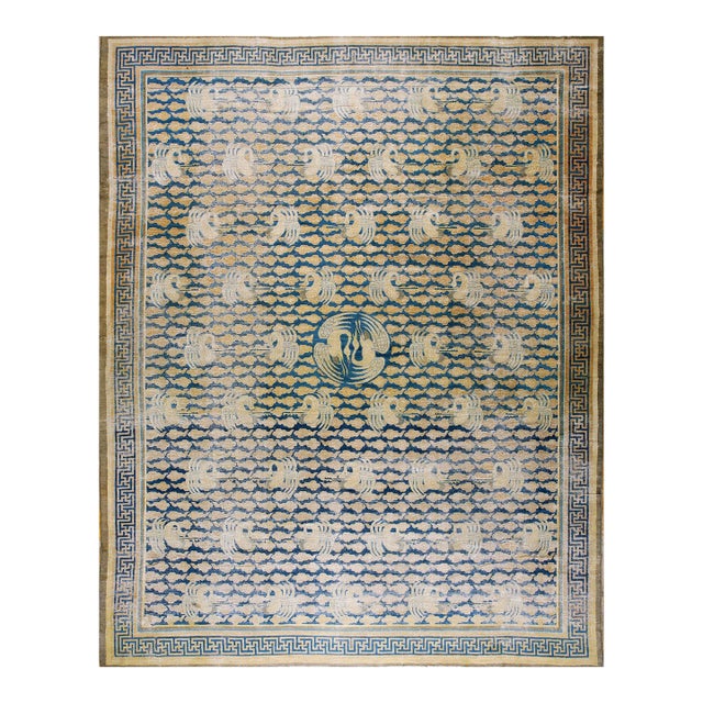 1900s Blue Navy Geometric Birds Chinese Rug 11'6'' X 14'6'' Handknotted Wool Carpet For Sale