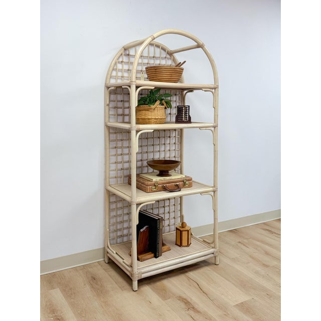 Vintage Arched Blonde Rattan Lattice Etagere Coastal Boho Hollywood Regency For Sale - Image 9 of 16