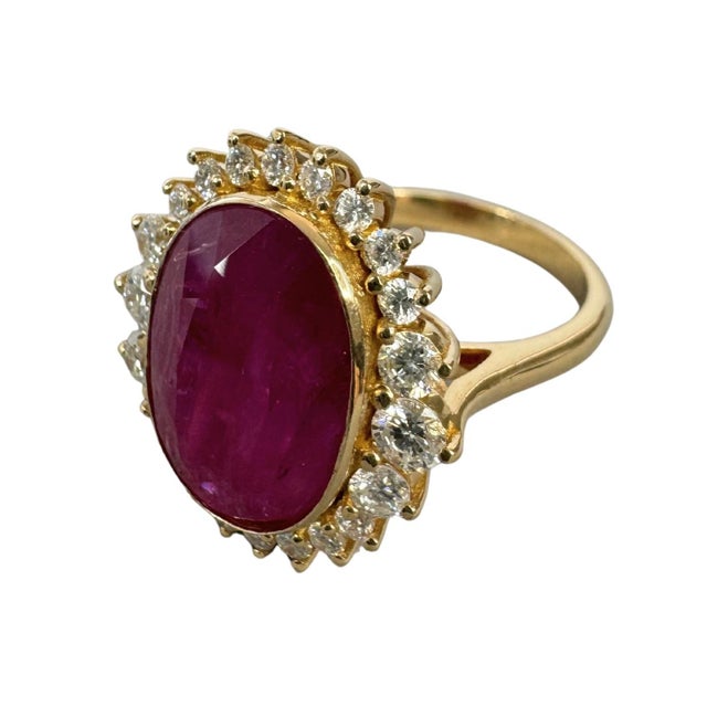 8.94 CTW Vintage Style No-Heat Burmese Ruby & Diamond Halo Ring 18k Yellow Gold, Size 7 For Sale In Washington DC - Image 6 of 12