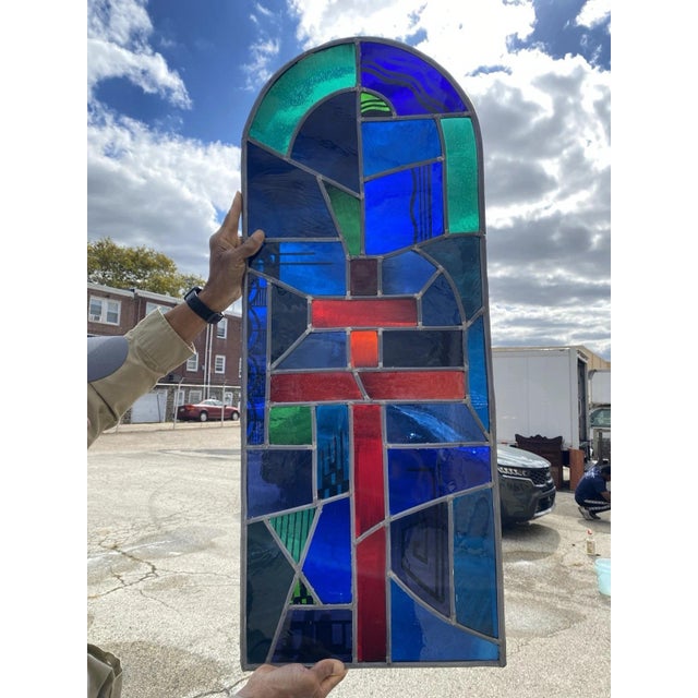 Vintage Art Deco Blue, Green, and Red Leaded Stained Glass Arched Church Windows w/ Cross - Set of 5. Circa Mid 20th...