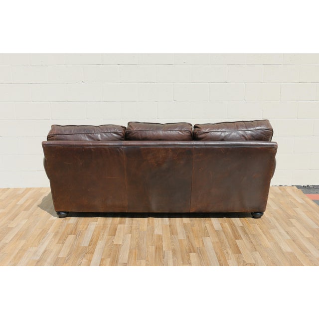 Restoration Hardware Brown Leather Three-Seat Sofa | Vintage Modern Down-Filled Cushions For Sale - Image 15 of 18