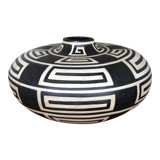 Black & White Patterned Mexican Wooden Pot For Sale