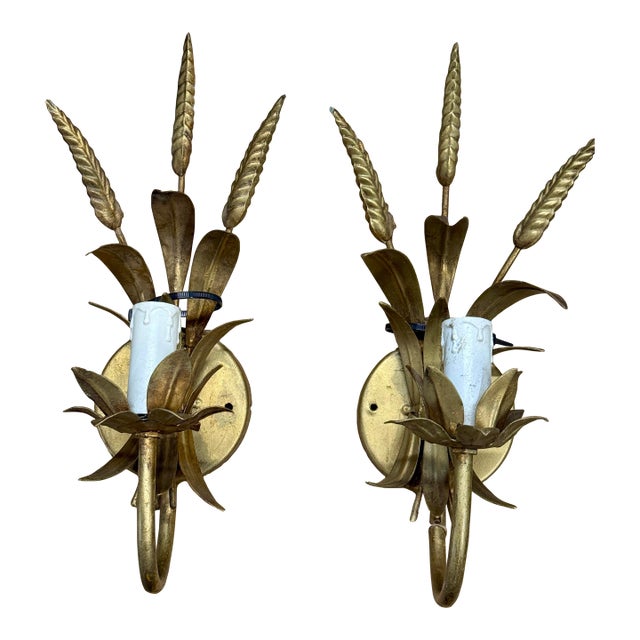 Mid 19th Century Hollywood Regency Italian Gilt Wheat Sheaf Wall Sconces – a Pair For Sale