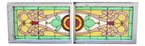 Antique Art Nouveau Stained Glass Pink Green Orange Windows With Jewels - Pair