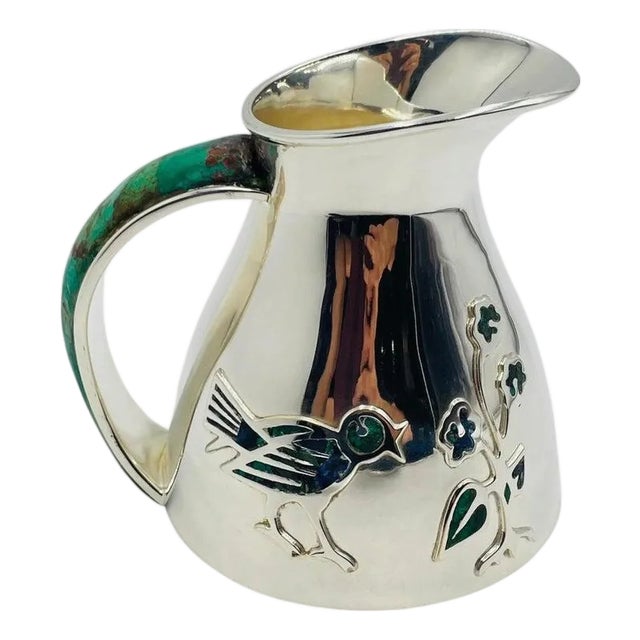 1960s Los Castillo Taxco Malachite & Silver Plate Bird Pitcher For Sale