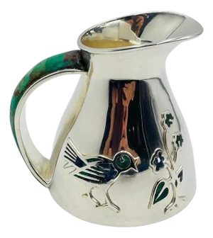 1960s Los Castillo Taxco Malachite & Silver Plate Bird Pitcher