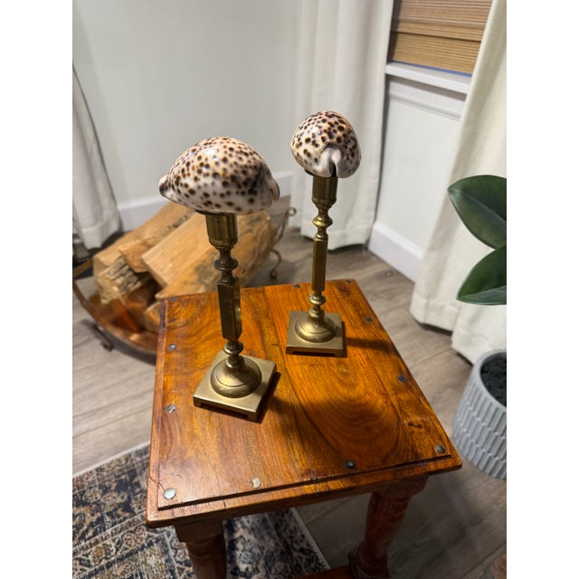 2020s Celestial Meets the Sea Shell Topped Brass Candlesticks-Coastal Art Sculpture For Sale - Image 5 of 5