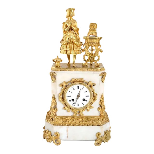 19th Century French Napoleon III Fire Gilt Bronze and Marble Figural Mantel Clock For Sale