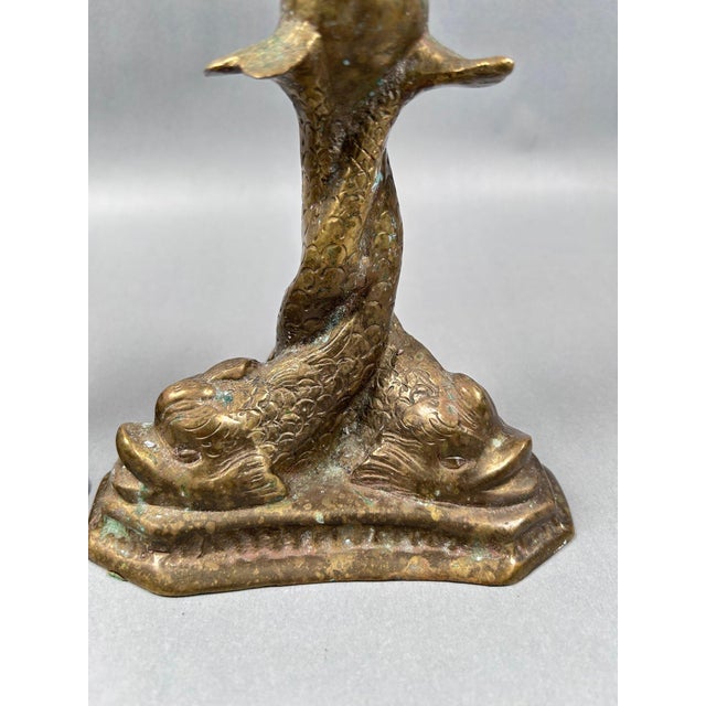 1920s 1920s Pair of Mottahedeh Brass Serpentine Dolphin Koi Fish Candlestick Holders For Sale - Image 5 of 6