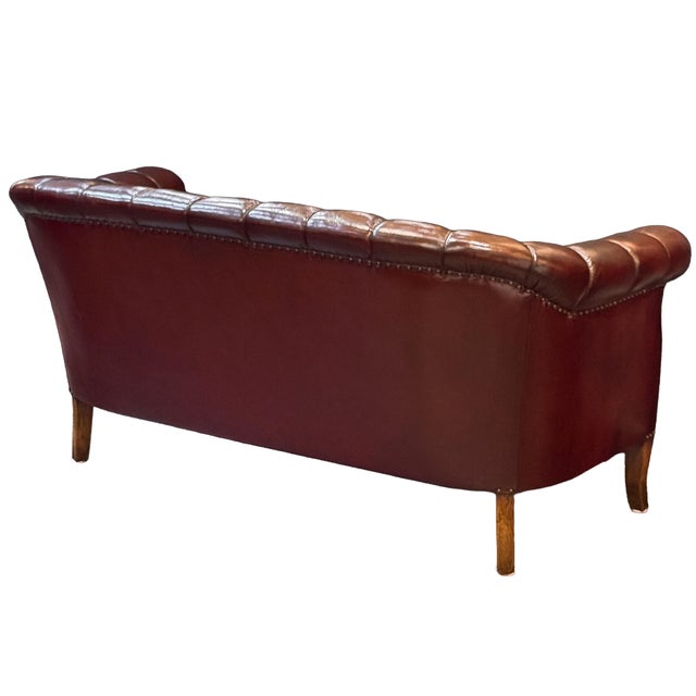 Swedish Chesterfield Sofa or Settee of Tufted Patinated Oxblood Leather For Sale - Image 9 of 15