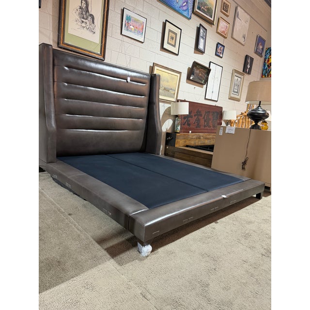 Nathan Anthony Furniture Attributed “August” Tufted Leather Queen Bed (Taupe Gray) This beautifully crafted bed by...