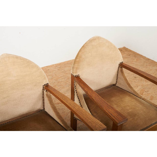 Arts and Crafts Oak Armchairs with Velour Upholstery, Set of 2 For Sale - Image 5 of 13