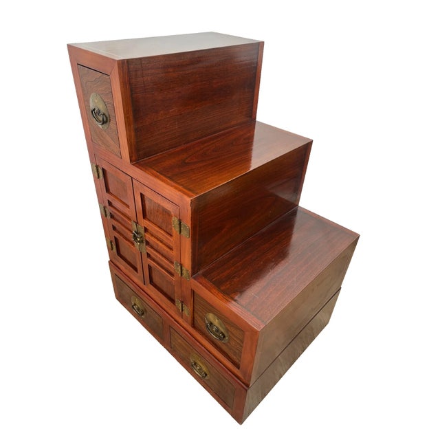 Brown 1970s Japanese Kaidan Tansu Step Chest Cabinet Four Pass Through Drawers Hand Crafted For Sale - Image 8 of 16