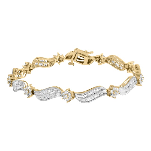 10K Yellow and White Gold 3.00 Cttw Diamond Cluster and Wave Link Bracelet (I-J Color, I1-I2 Clarity For Sale