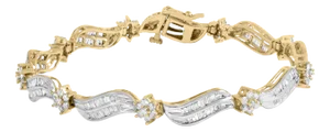 10K Yellow and White Gold 3.00 Cttw Diamond Cluster and Wave Link Bracelet (I-J Color, I1-I2 Clarity