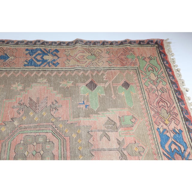 Mid-Century Modern Semi-Antique Caucasian Sumak Kilim – Handwoven Tribal Flatweave With Medallion and Geometric Borders -6' 2'' X 10' 6'' For Sale - Image 3 of 13