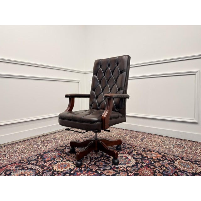 Animal Skin English Chesterfield Desk Chair in Oxblood Leather For Sale - Image 7 of 8