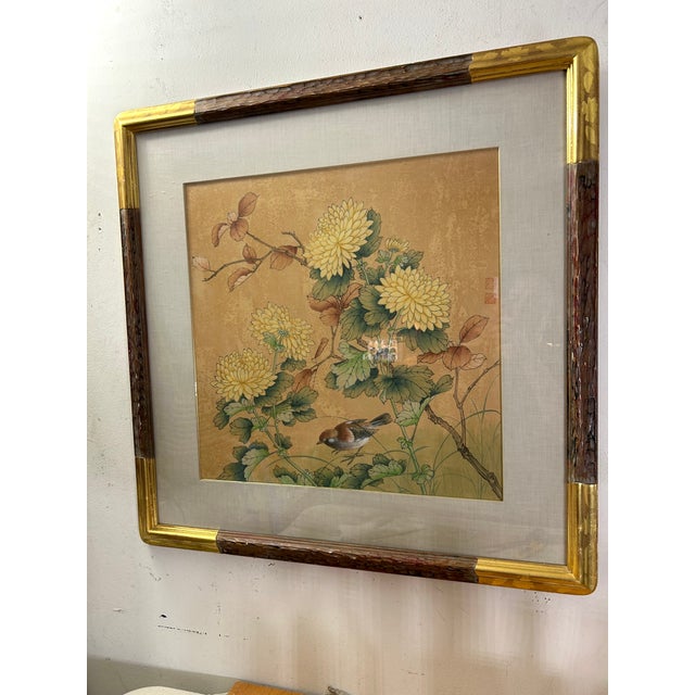 Vintage Chinese Tempera on Silk Painting – Swallow and Chrysanthemums – For Sale - Image 4 of 12