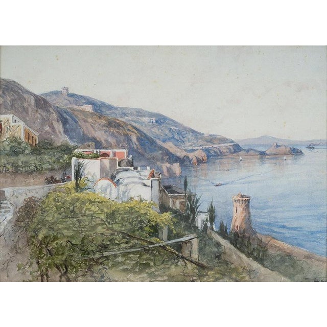 Antique watercolor in a gilded wooden frame depicting the Amalfi Coast, signed by Francesco Lord Mancini. Francesco...