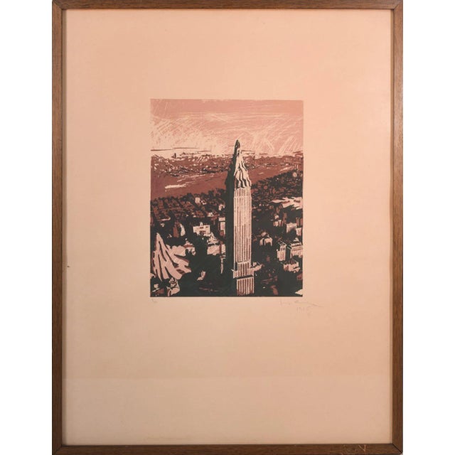 A bold, striking screen print of a view from the sky over new york city. In daring reds and black, this dynamic image...