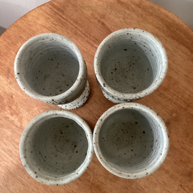 Leon Kula Studio Pottery Four Wine Goblets Set Signed. Nice vintage modernist stoneware hand thrown pottery made by Leon...